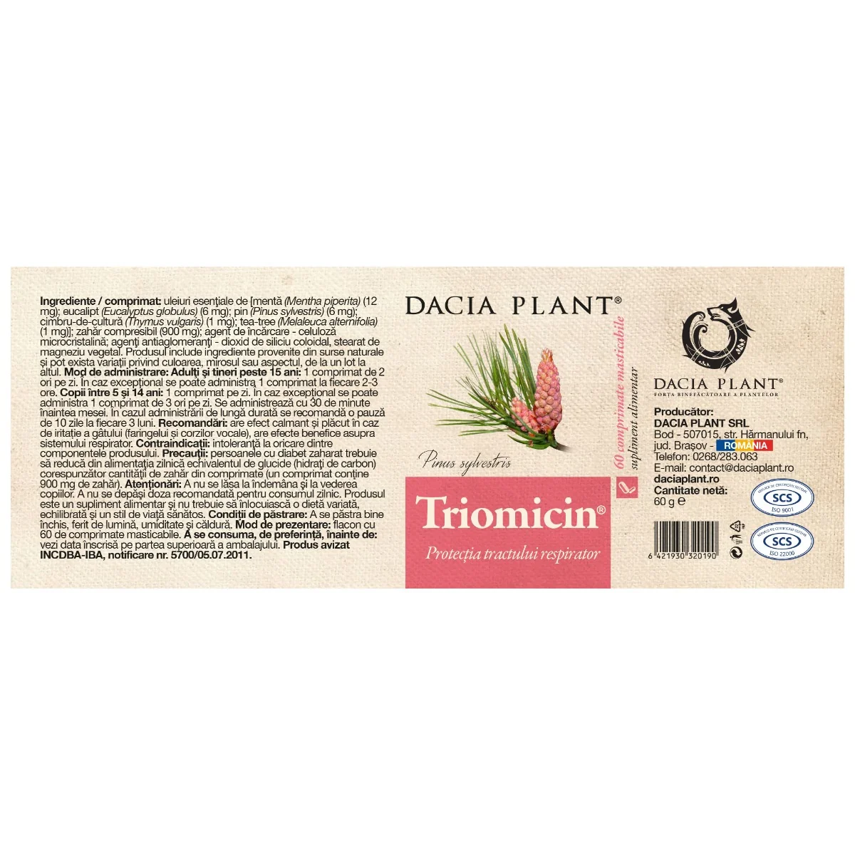 Triomicin, 60 comprimate, Dacia Plant