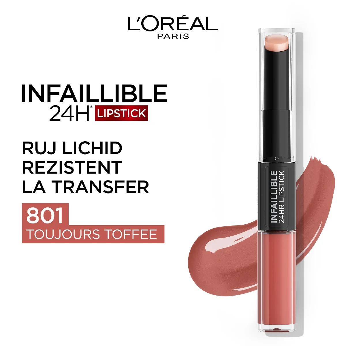 Ruj rezistent la transfer Infaillible Long Lasting Parisian Nudes 801 Toujours Toffee, 5.6ml, L'Oreal Paris