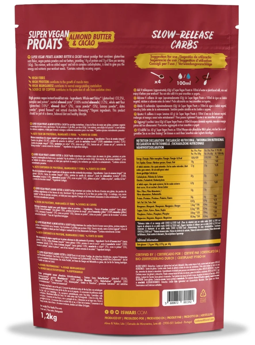 Proats Vegan Bio cu unt de migdale si cacao, 1200g, Iswari