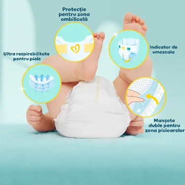 Scutec Pampers cu protectie pentru zona ombilicala, indicator de umezeala, ultra respirabilitate si mansete duble pentru zona picioarelor.