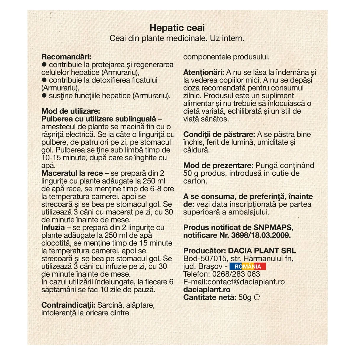 Ceai hepatic, 50g, Dacia Plant