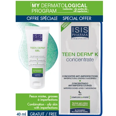 Ser imperfectiuni Teen Derm K Concentrate 30ml + Gel curatare Teen Derm Sensitive 40ml, Isis Pharma
