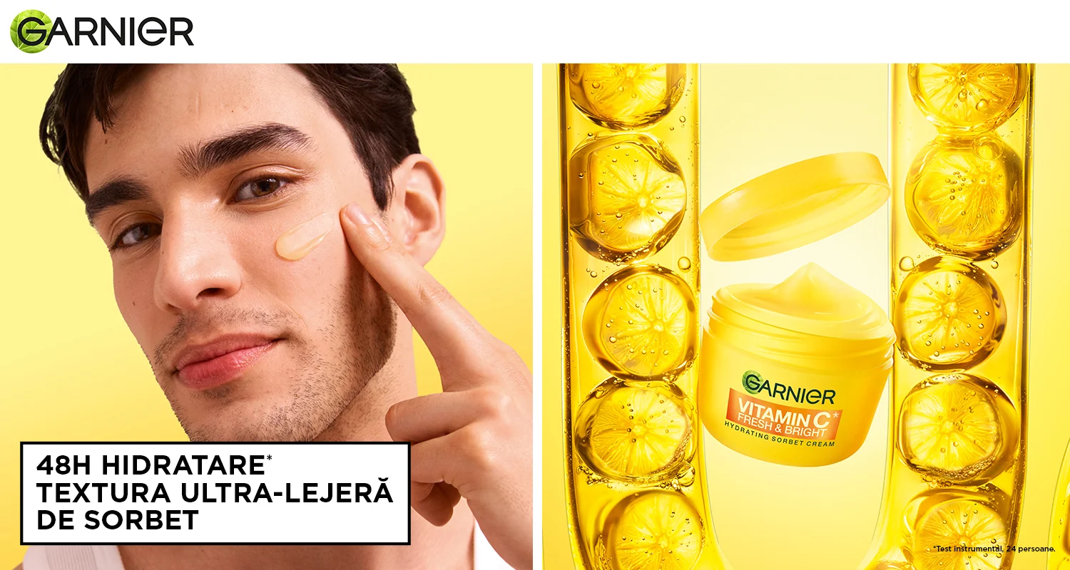 Crema Garnier Vitamin C Fresh & Bright cu textura ultra-lejera de tip sorbet, care ofera hidratare timp de 48 de ore si ajuta la revitalizarea si iluminarea tenului. Crema Garnier Vitamin C Fresh & Bright cu textura ultra-lejera de tip sorbet, care ofera hidratare timp de 48 de ore si ajuta la revitalizarea si iluminarea tenului.