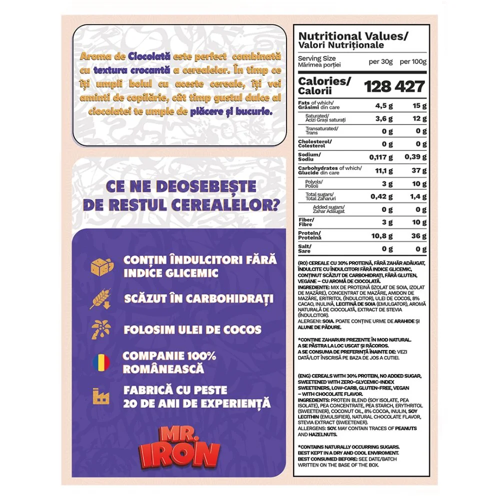 Cereale cu 30% proteina fara zahar low-carb gluten free si vegane Ciocolata, 250g, Mr. Iron
