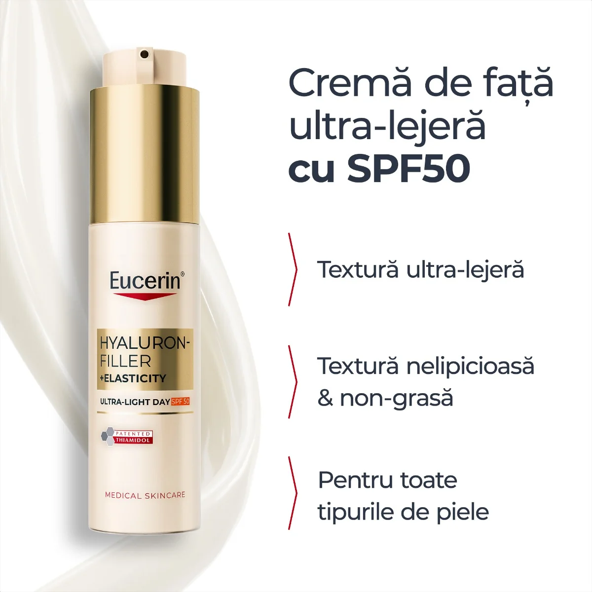 Crema de fata ultra lejera Hyaluron Filler+Elasticity SPF50+, 50ml, Eucerin