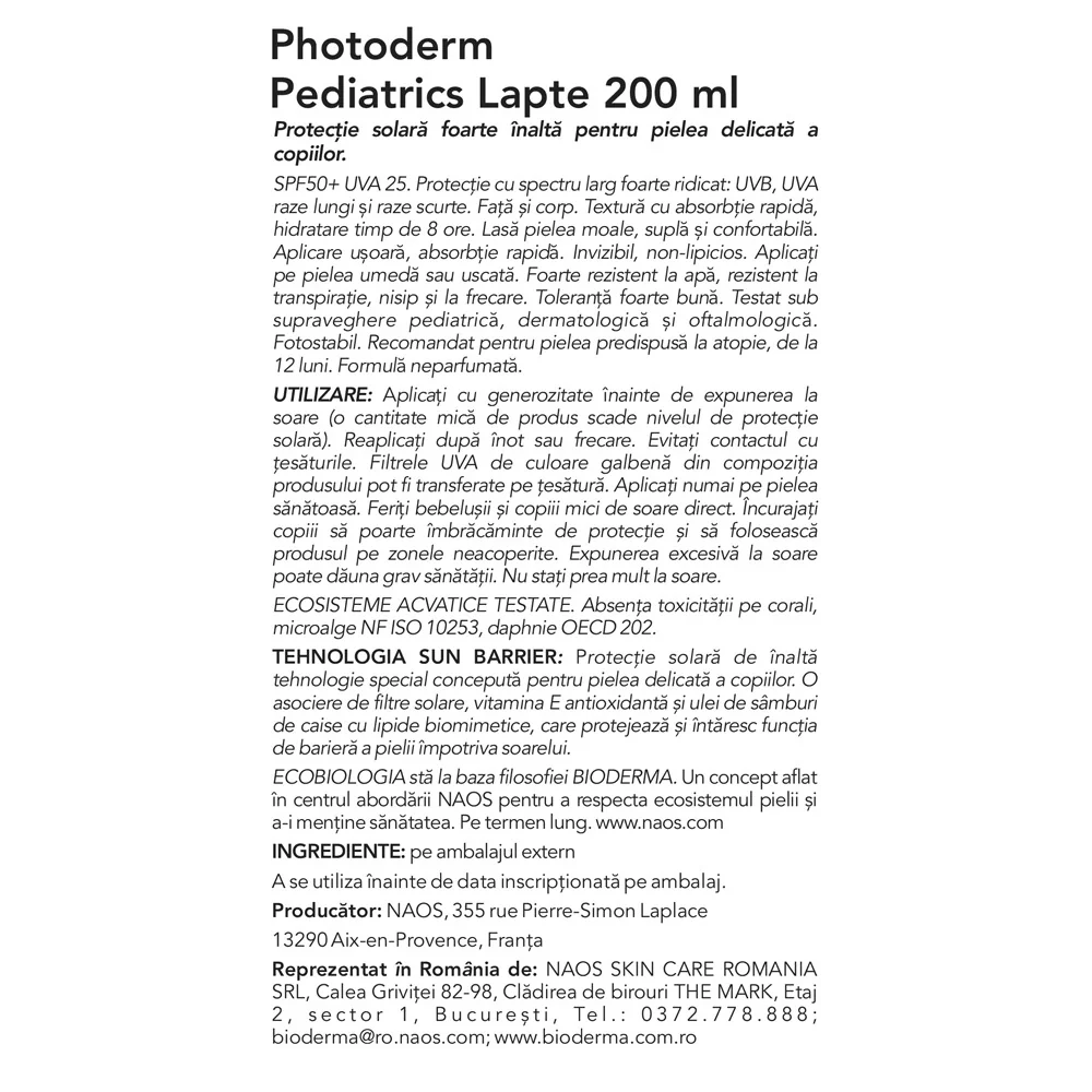 Lotiune cu protectie solara SPF 50+ pentru copii Photoderm Pediatrics, 200ml, Bioderma