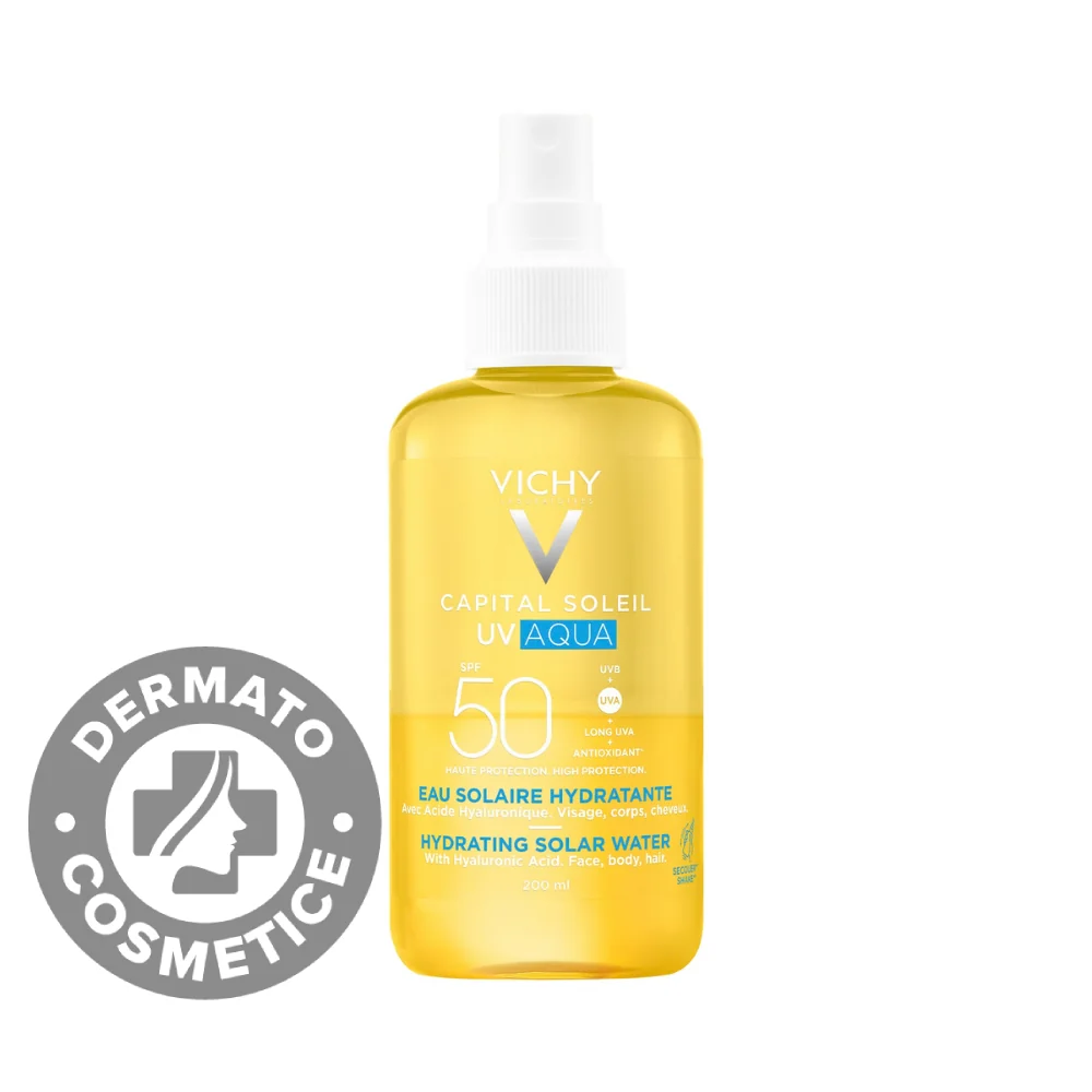 Apa de protectie solara SPF 50 pentru fata si corp cu acid hialuronic Hydra Capital Soleil, 200ml, Vichy