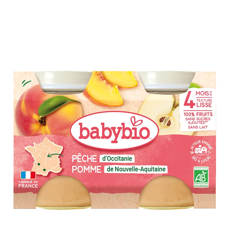 Piure din piersici si mere Bio, 2 x 130g, BabyBio