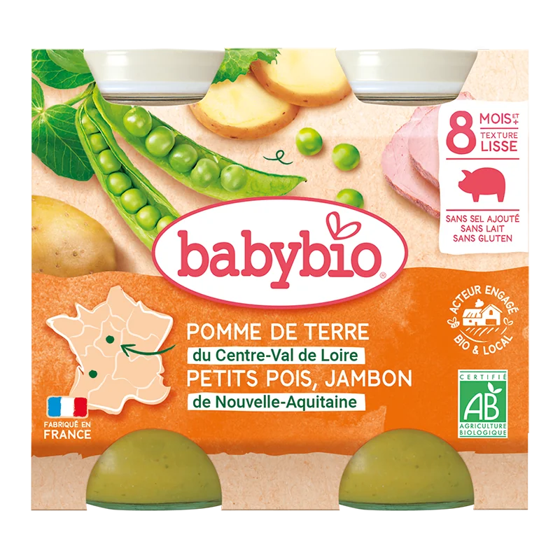 Piure bio din cartofi, mazare si jambon +8 luni, 2 x 200g, BabyBio