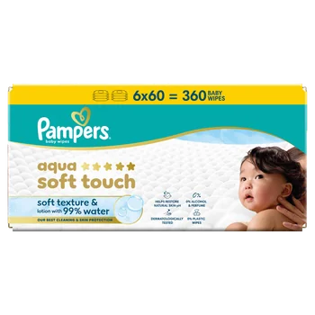 Servetele umede cu 99% apa si lotiune usoara Aqua Soft Touch, 360 bucati, Pampers