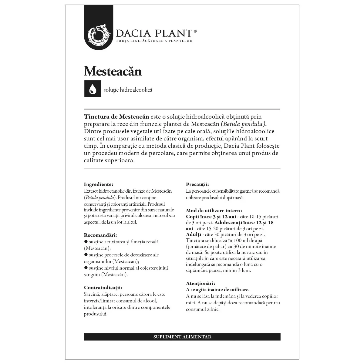 Tinctura de mesteacan, 50ml, Dacia Plant