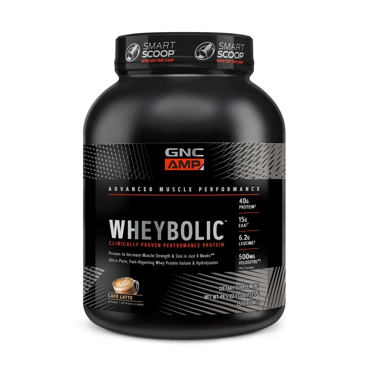 Proteina din zer cu aroma de cafea cu lapte AMP Wheybolic, 1375g, GNC 