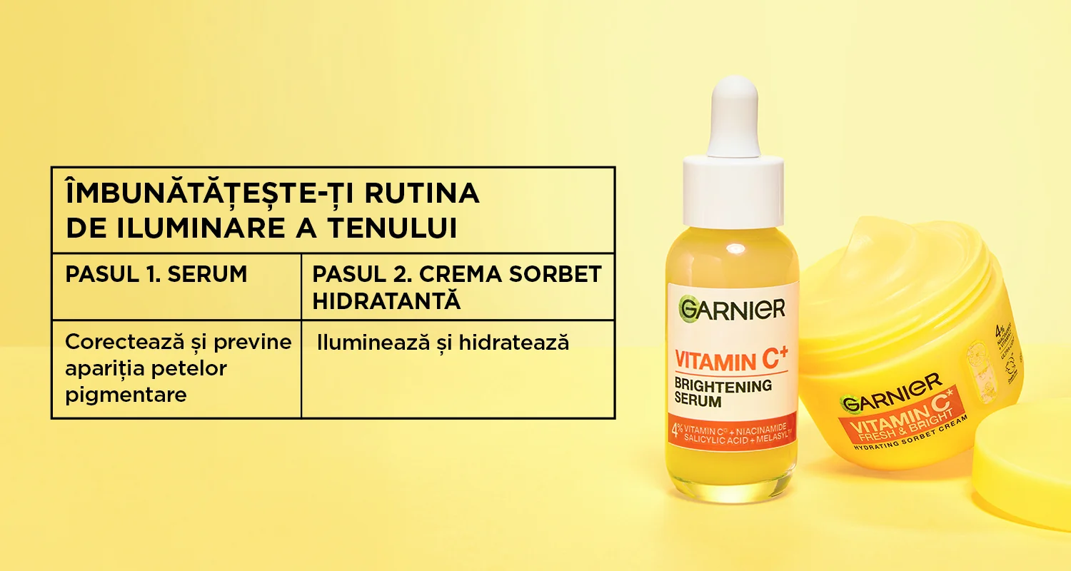 Rutina Garnier pentru iluminarea tenului: ser cu vitamina C si crema sorbet hidratanta pentru corectarea petelor pigmentare. Rutina Garnier pentru iluminarea tenului: ser cu vitamina C si crema sorbet hidratanta pentru corectarea petelor pigmentare.