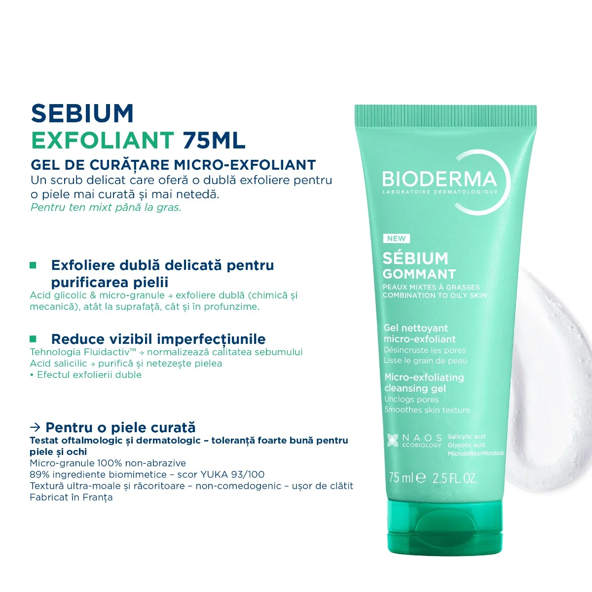 Gel exfoliant pentru curatarea tenului predispus la imperfectiuni Sebium, 75ml, Bioderma
