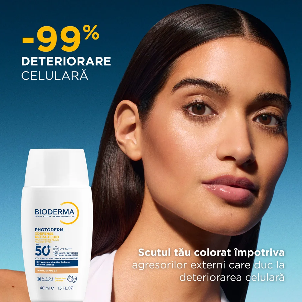 Crema colorata SPF50+ XDefense Ultra-Fluid Fototip 3 pentru protectie UV completa, 40ml, Bioderma