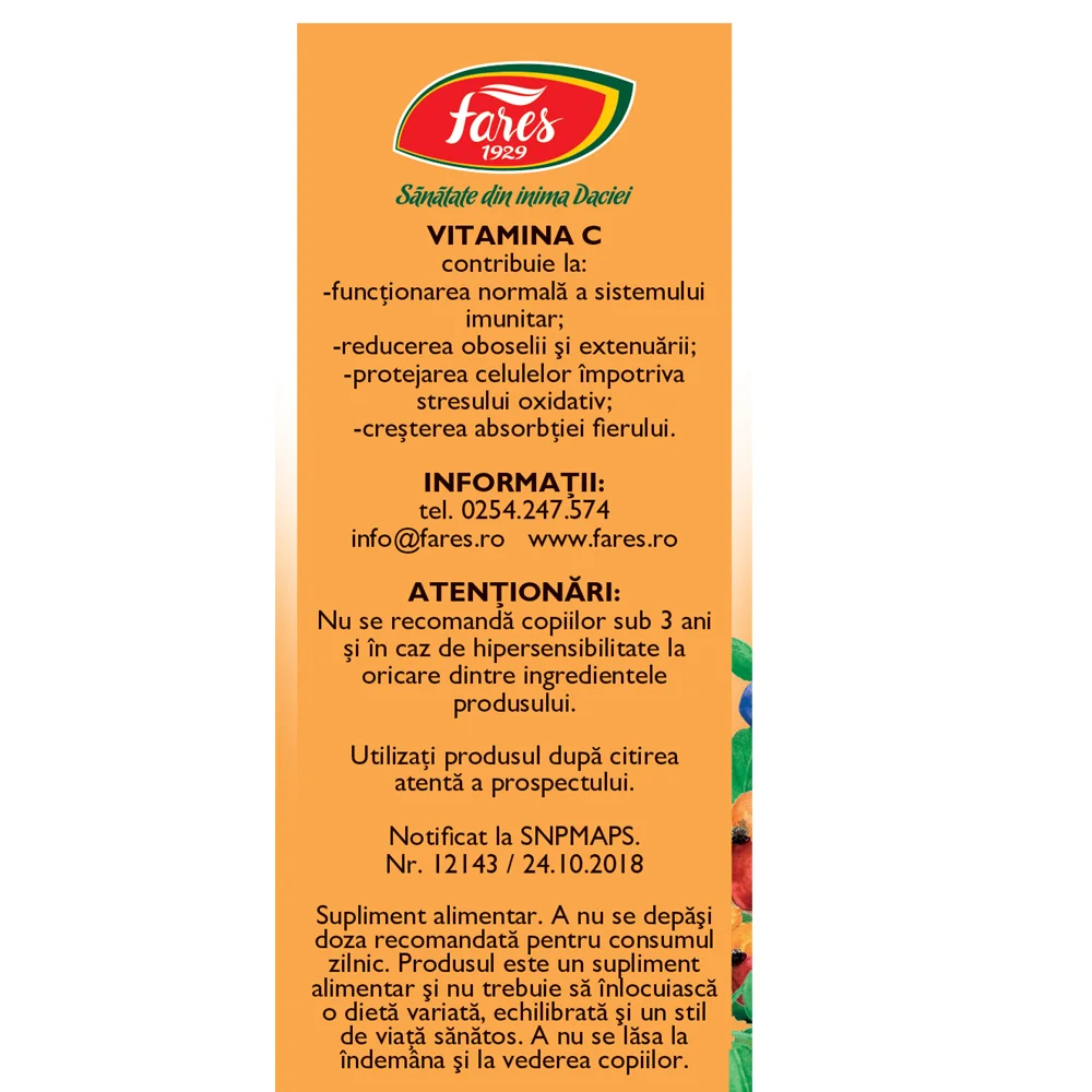 Vitamina C 500 naturala, 10 plicuri, Fares