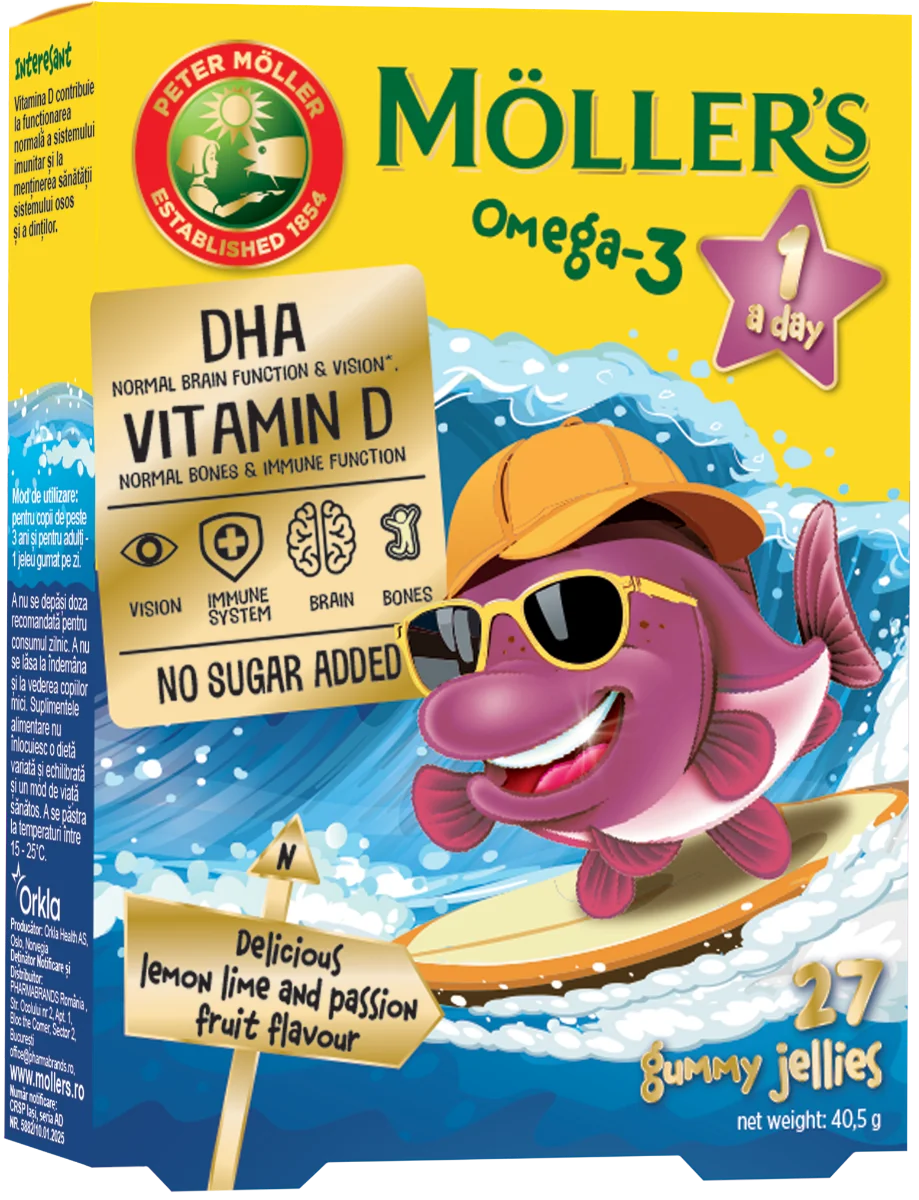 Pestisori gumati Omega 3 cu lemon lime si fructul pasiunii, 27 jeleuri, Moller's