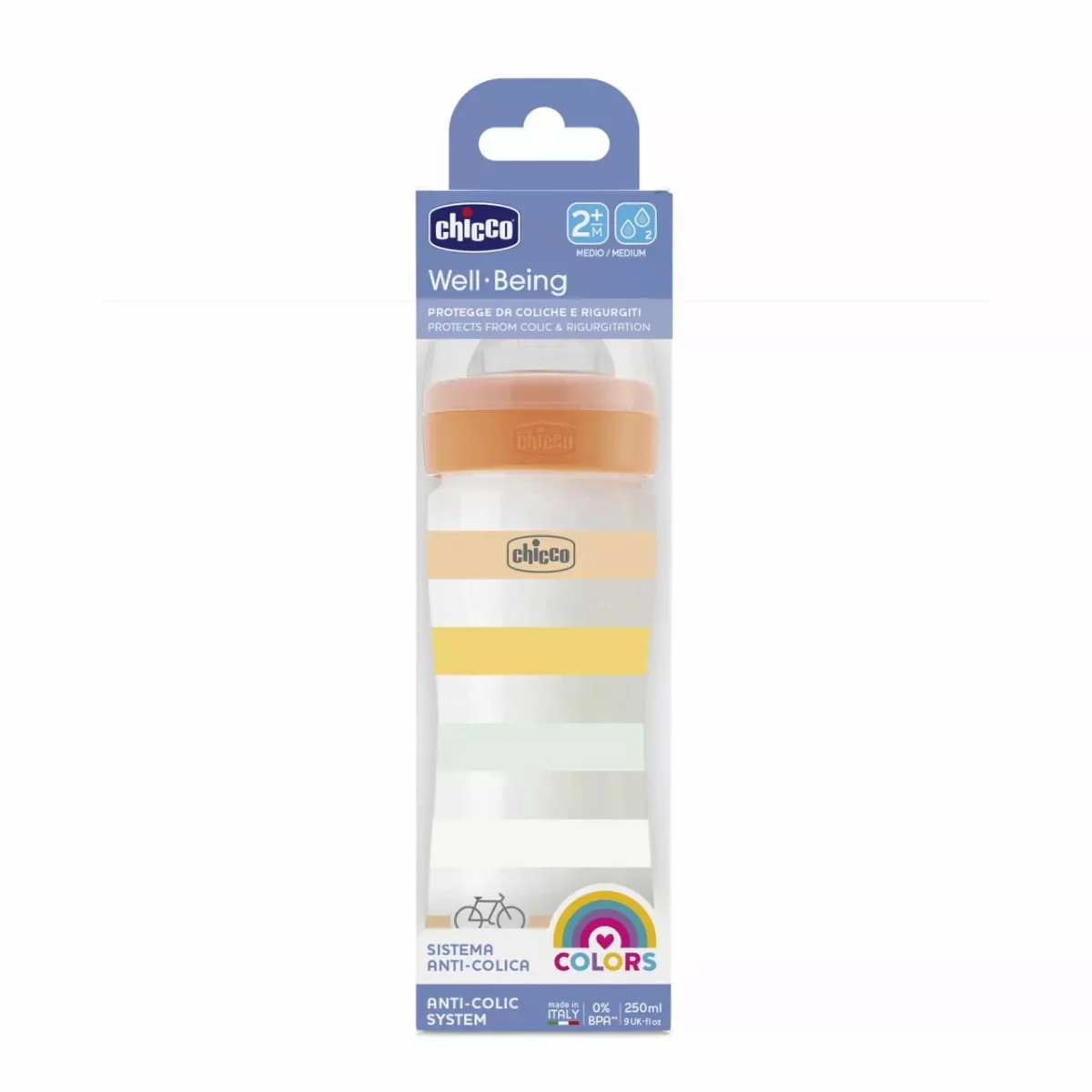 Biberon cu tetina din silicon WellBeing PP 2 luni+ Orange, 250ml, Chicco