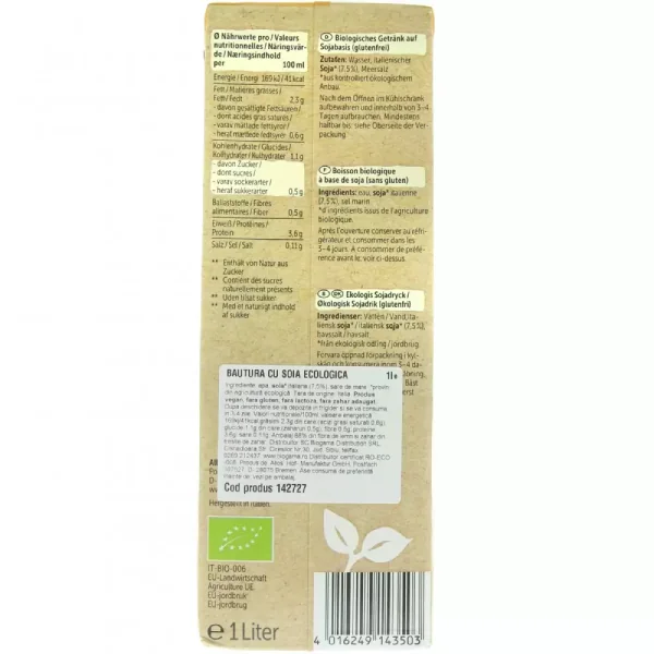 Bautura ecologica din soia fara gluten si fara lactoza, 1l, Allos