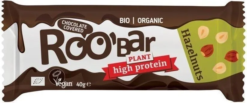 Baton proteic cu alune de padure invelit in ciocolata Bio, 40g, Roobar