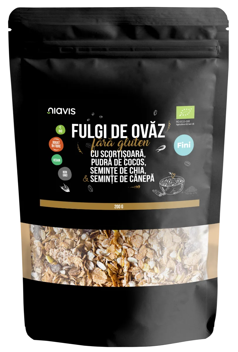 Fulgi de ovaz fini fara gluten cu scortisoara, cocos, chia si seminte de canepa Eco, 200g, Niavis