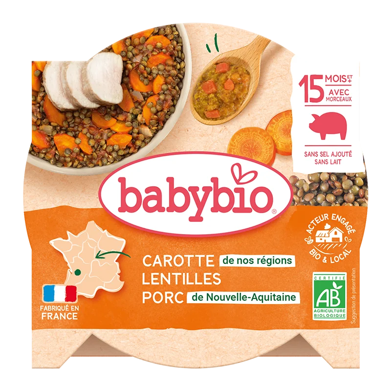Meniu cu morcovi, linte si carne de porc, 260g, BabyBio