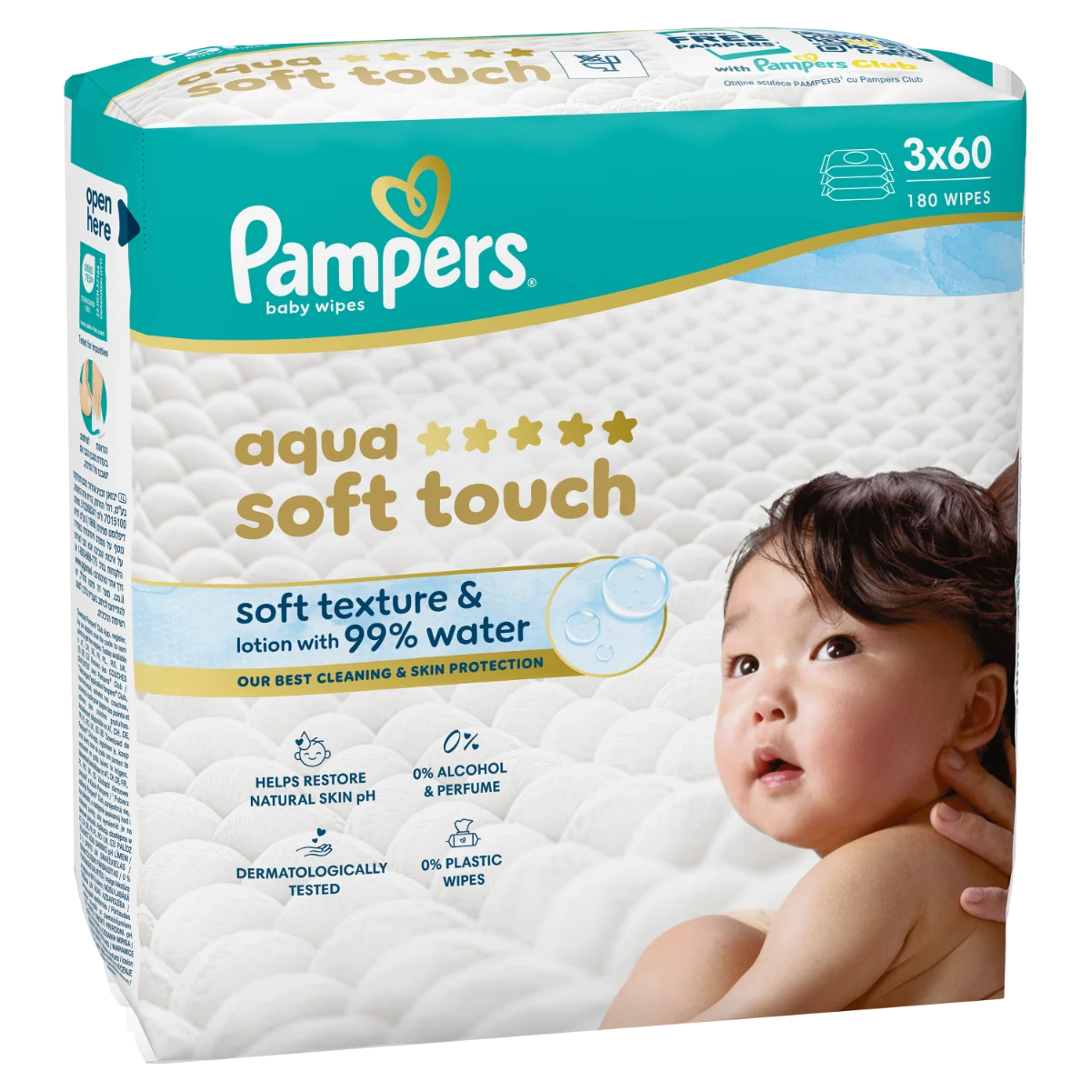 Servetele umede cu 99% apa si lotiune usoara Aqua Soft Touch, 180 bucati, Pampers