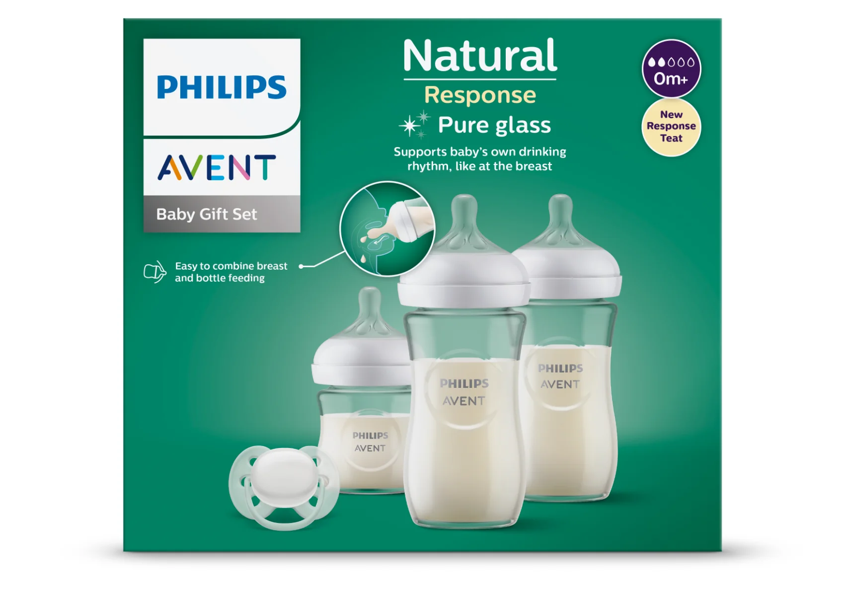 Set biberoane sticla Natural Response SCD878/11, 1x120ml + 2x240ml + 1x Suzeta, Philips Avent