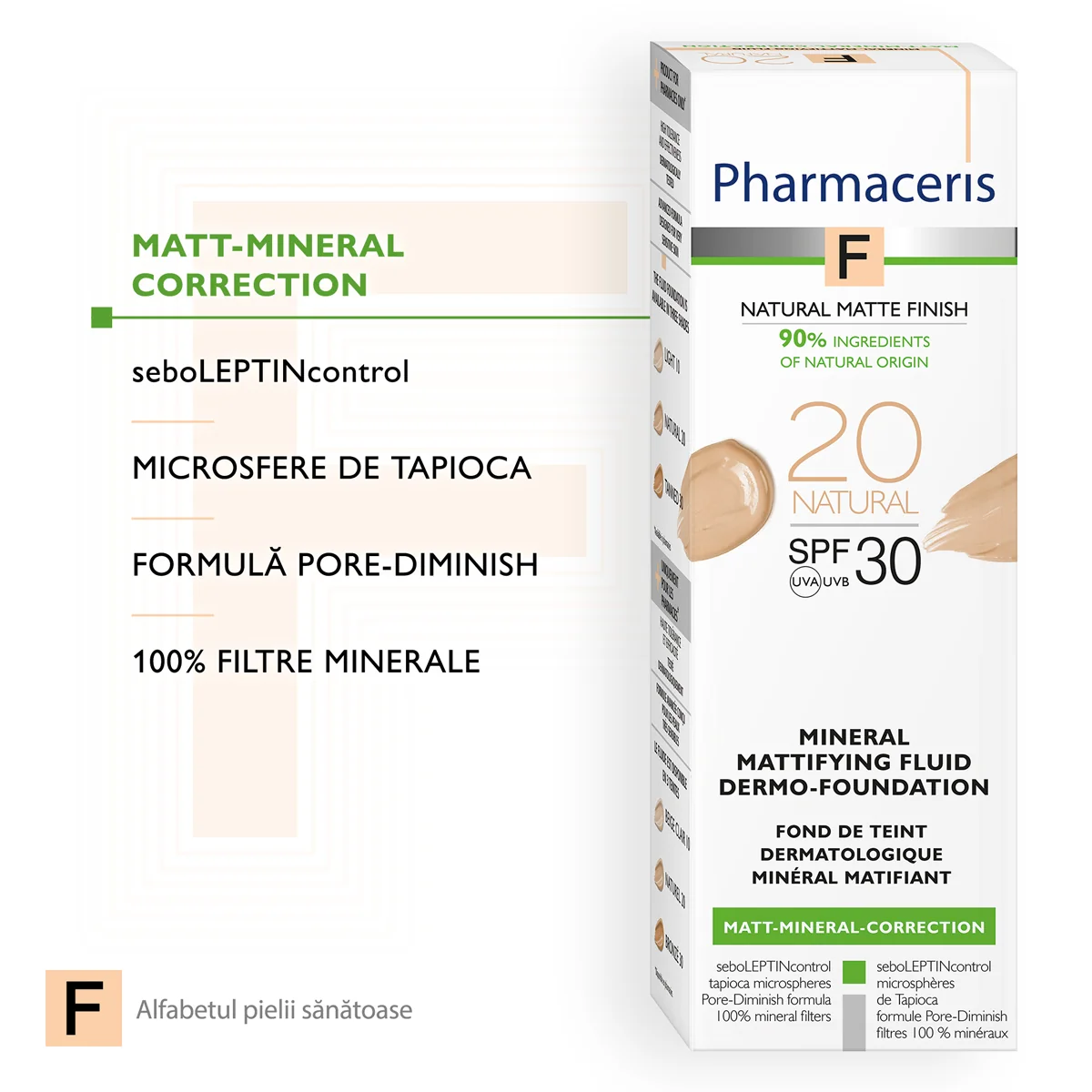 Fond de ten fluid matifiant mineral SPF30 20 Natural F, 30ml, Pharmaceris