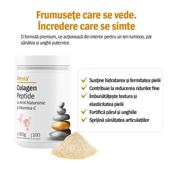 Colagen peptide cu acid hialuronic si vitamina C, 300g, Alevia