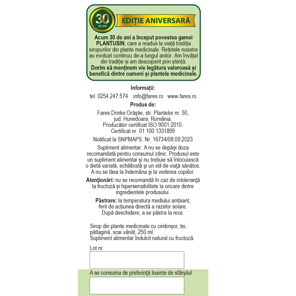 Sirop pentru copii Plantusin, 250ml, Fares