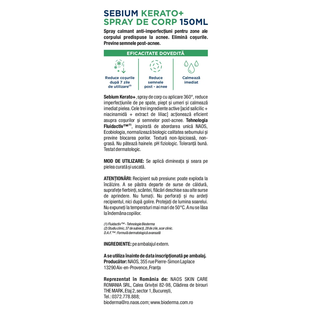 Spray de corp calmant anti-imperfectiuni Kerato+ Sebium, 150ml, Bioderma