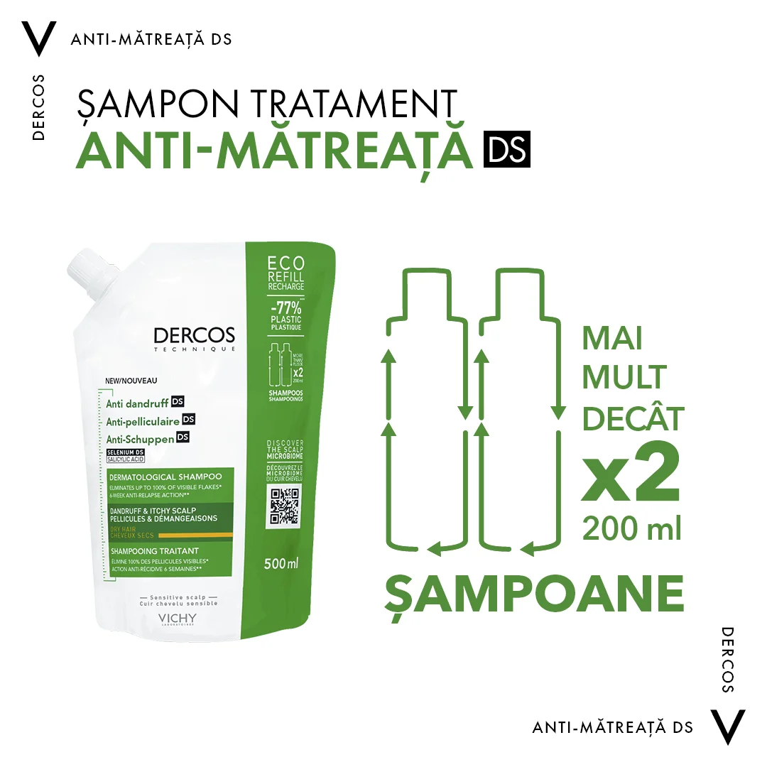 Rezerva sampon tratament anti-matreata uscata Dercos, 500ml, Vichy