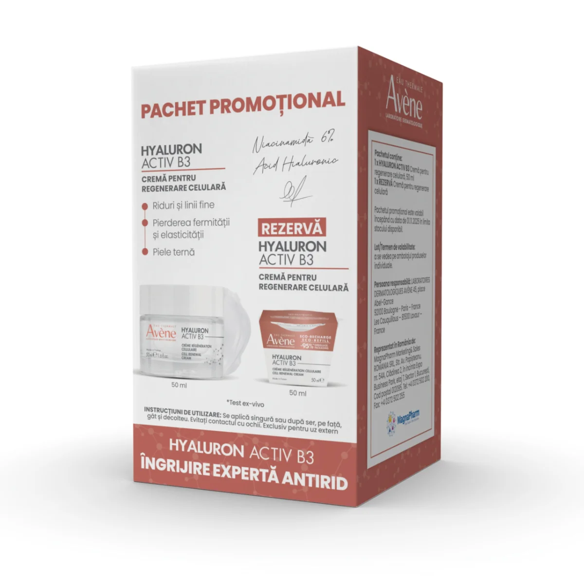 Pachet Crema pentru regenerare celulara Hyaluron Activ B3 50ml + Rezerva 50ml, Avene