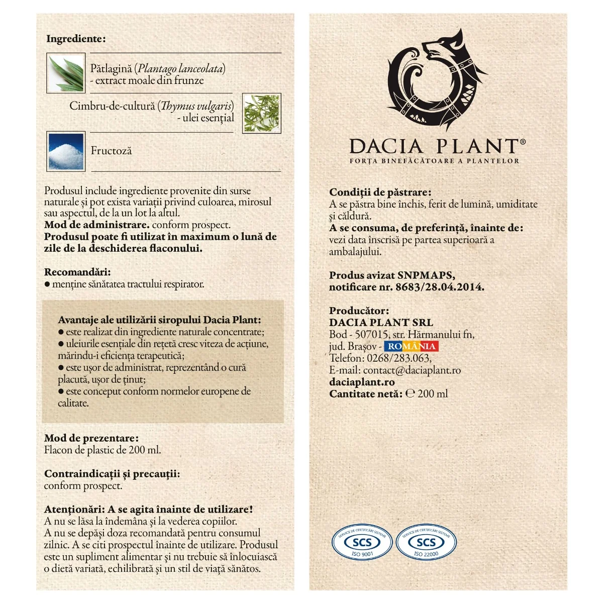 Sirop de patlagina, 200ml, Dacia Plant