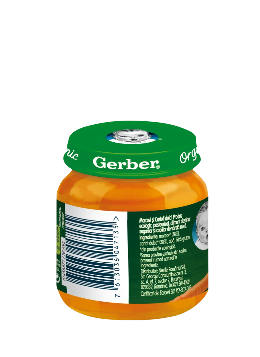 Piure Bio din morcovi si cartofi dulci de la 4 luni, 125g, Gerber