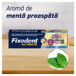Fixodent Ultimate, crema adeziva pentru proteza dentara cu aroma proaspata de menta, alaturi de frunze de menta proaspete. Fixodent Ultimate, crema adeziva pentru proteza dentara cu aroma proaspata de menta, alaturi de frunze de menta proaspete.