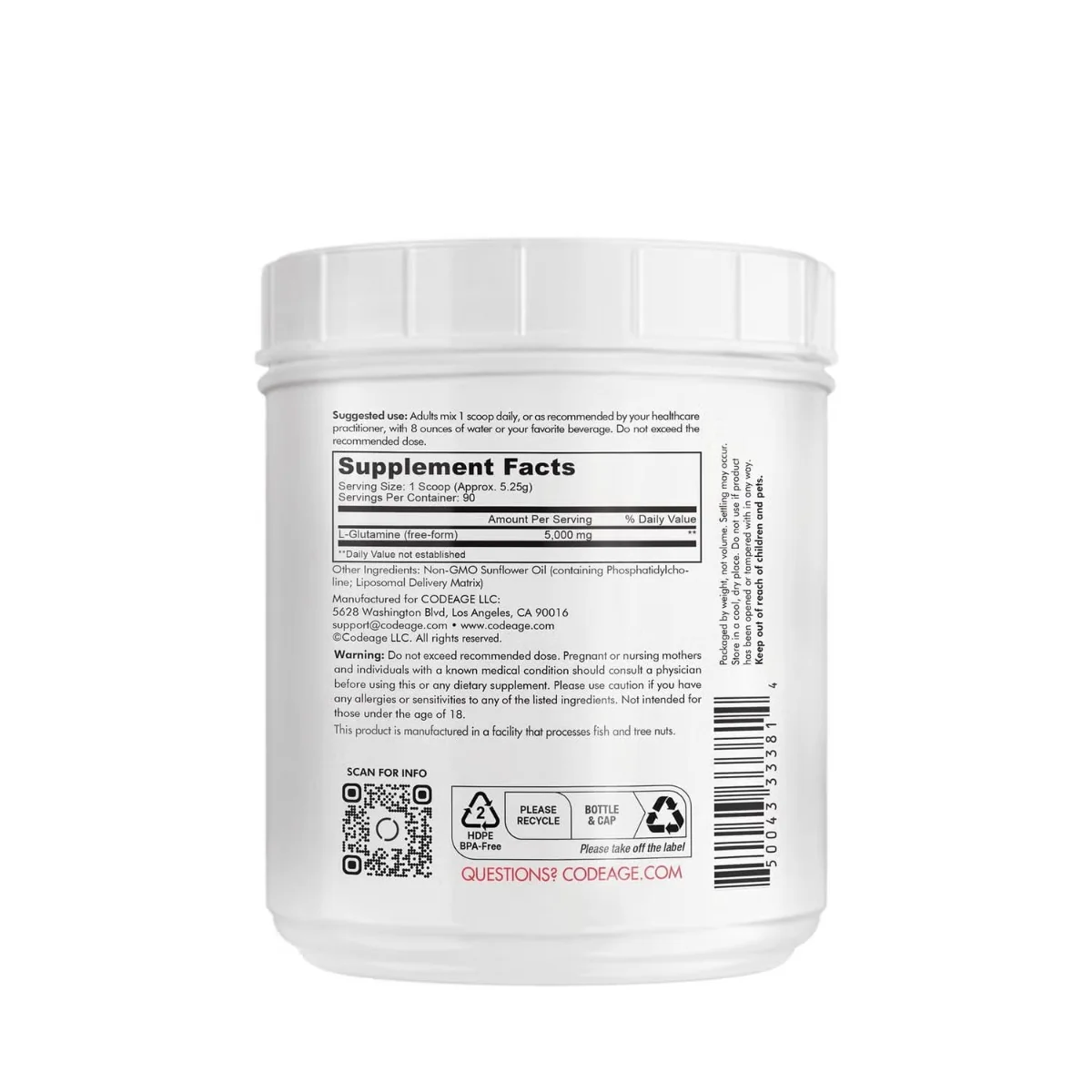 L-Glutamina Lipozomala pentru sustinerea sanatatii musculare si digestive, 472.5g, CodeAge 