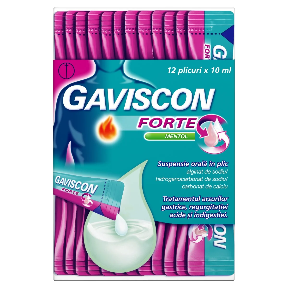 Gaviscon Forte Mentol Suspensie Orala, 10ml x 12 plicuri, Reckitt Benckiser