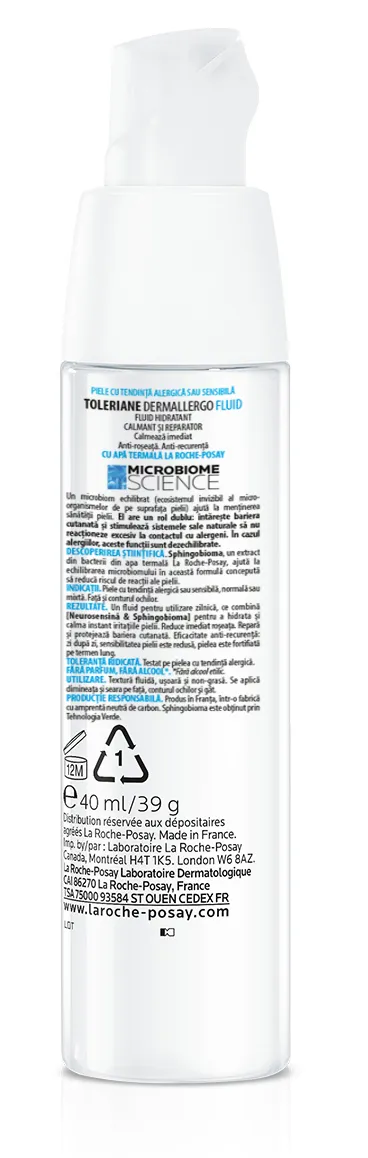 Fluid hidratant și reparator pentru ten cu tendinta alergica sau reactiva si cel normal sau mixt Toleriane Dermallergo, 40ml, La Roche-Posay 