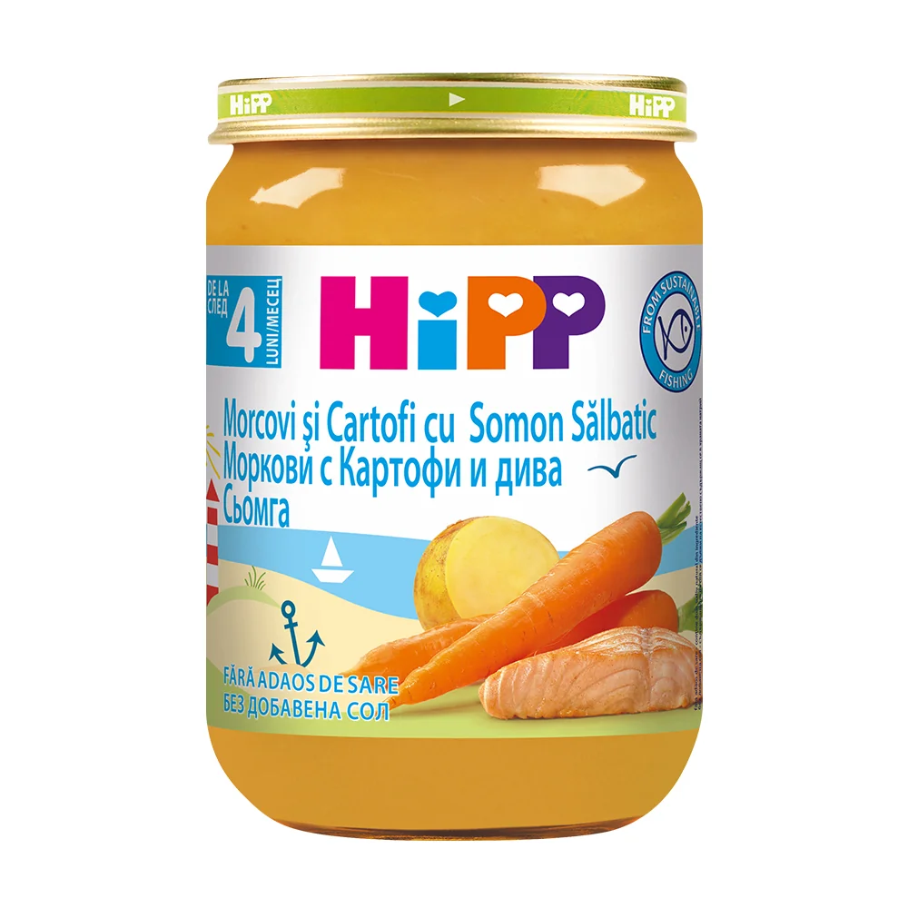 Piure Morcovi si cartofi cu somon salbatic +4 luni, 190g, Hipp