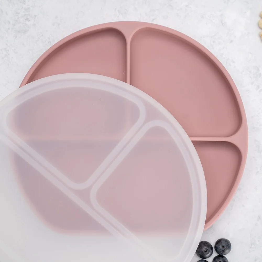Farfurie compartimentata din silicon cu ventuza si capac Old Rose 6 luni+, 1 bucata, Appekids