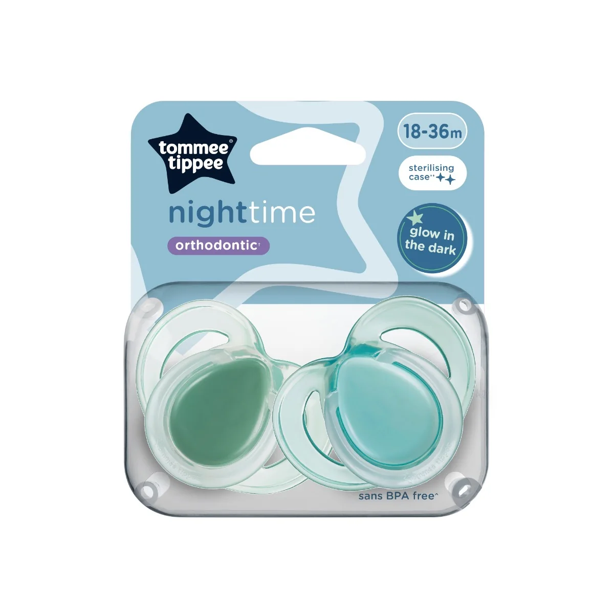 Suzeta ortodontica de noapte care lumineaza in intuneric pentru 18-36 luni Verde, 2 bucati, Tommee Tippee