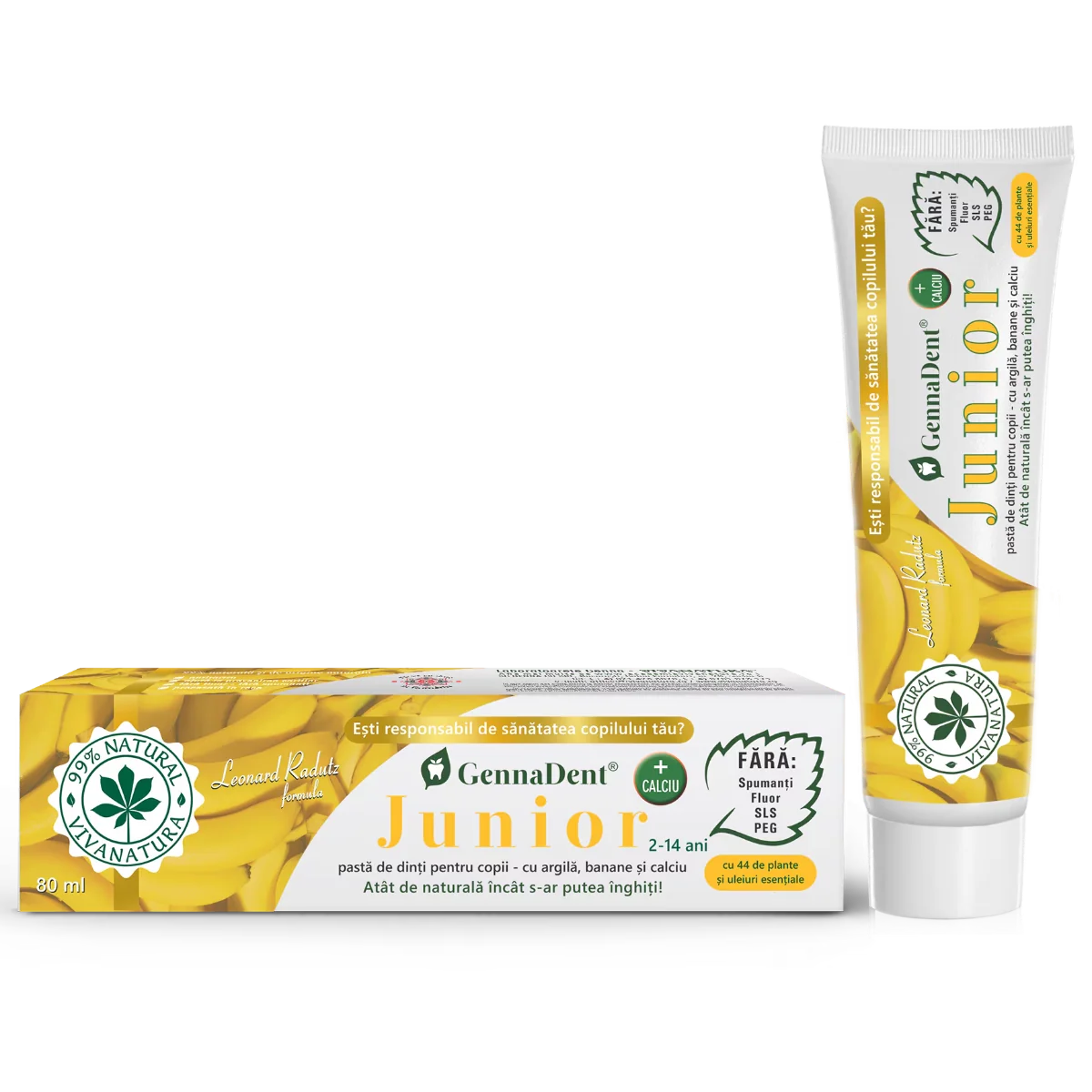 Pasta de dinti naturala cu argila si banane GennaDent Junior, 80ml, VivaNatura