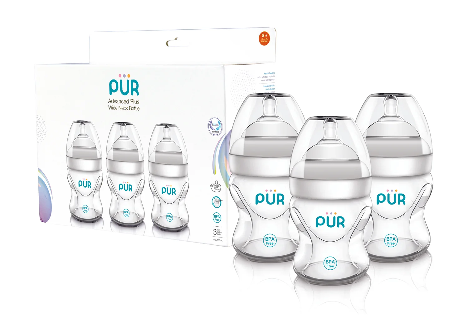 Set Biberoane cu gura larga Advanced Plus, 3x150ml, PUR