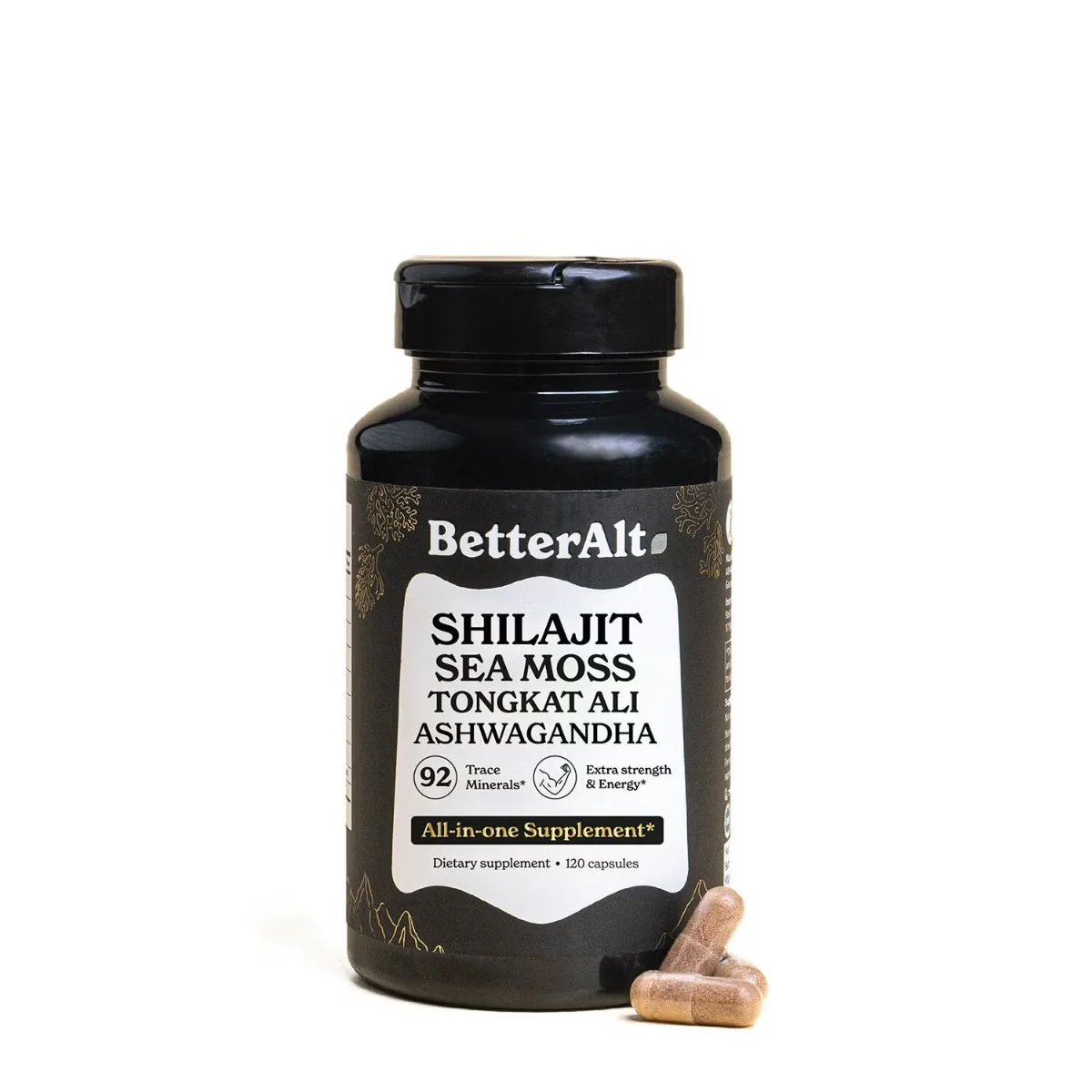 BetterAlt® Shilajit Sea Moss cu Alge Marine Ashwagandha si Tongkat Ali, 120 capsule, GNC