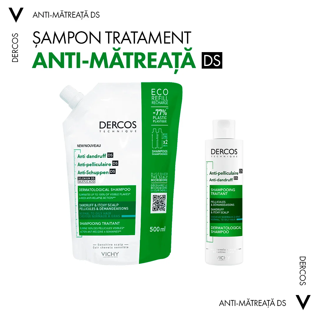 Rezerva sampon anti-matreata pentru par normal-gras Eco Dercos, 500ml, Vichy
