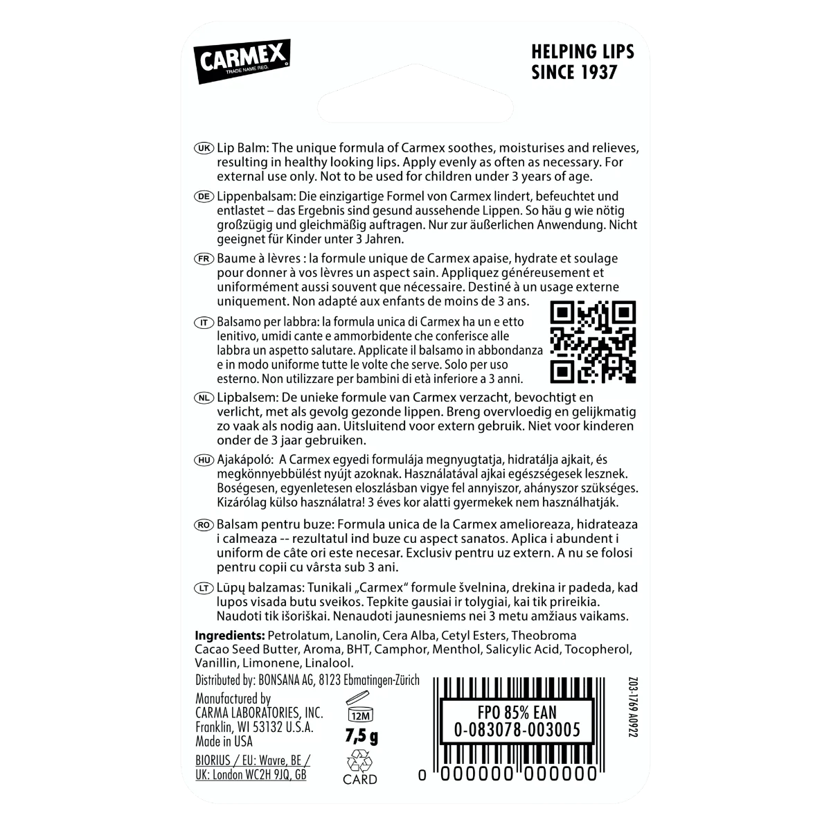 Balsam reparator pentru buze uscate si crapate, 7.5g, Carmex