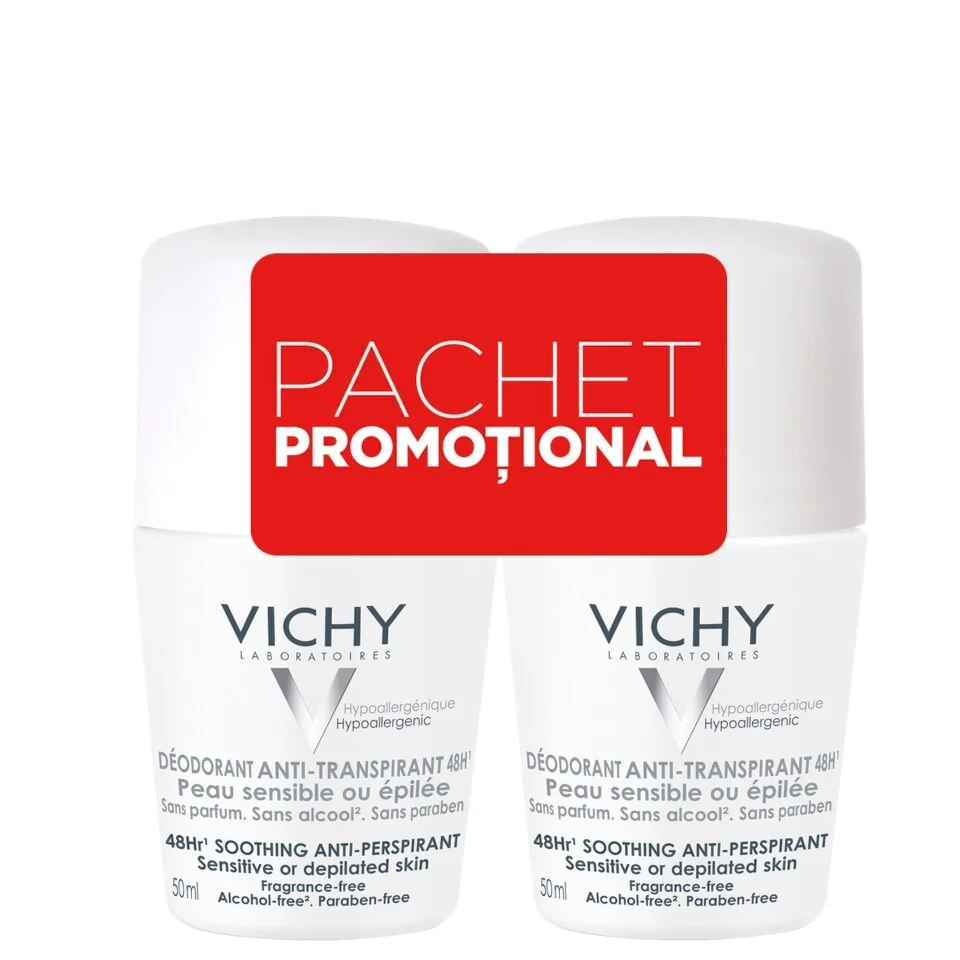 Pachet Deodorant roll-on fara parfum antiperspirant 48h, 2x50ml, Vichy