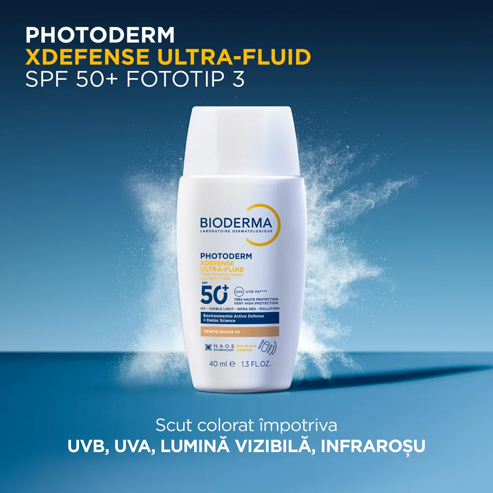 Crema colorata SPF50+ XDefense Ultra-Fluid Fototip 3 pentru protectie UV completa, 40ml, Bioderma